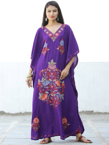 Purple Coral Pink Peach Aari Embroidered Kashmere Free Size Kaftan in Crushed Cotton - K11K062