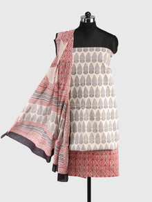 Off White Black Red Bagh Hand Block Printed Cotton Suit-Salwar Fabric With Cotton Dupatta (Set of 3) - SU01HB416