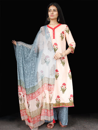 Peach Olive Green Coral Cotton Block Printed Suit - Set of 3 - SS01F012