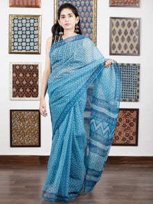 Sky Blue White Hand Block Printed Kota Doria Saree in Natural Colors - S031703093