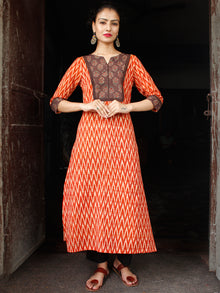 Rust Orange Beige Ikat long Cotton Kurta With Ajrakh Patch Work - K169F910