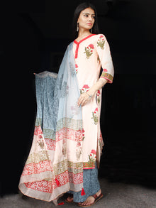 Peach Olive Green Coral Cotton Block Printed Suit - Set of 3 - SS01F012