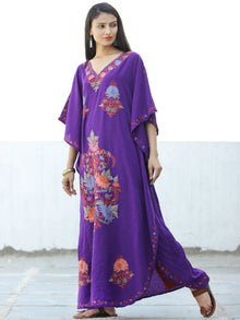 Purple Coral Pink Peach Aari Embroidered Kashmere Free Size Kaftan in Crushed Cotton - K11K062
