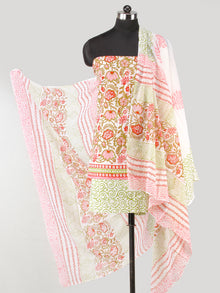 White Pink Olive Green Hand Block Printed Cotton Suit-Salwar Fabric With Cotton Dupatta (Set of 3) - SU01HB433