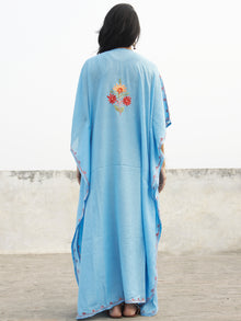 Sky Blue with Red Aari Embroidered Long Kashmere Free Size Kaftan in Crushed Cotton - K11K012