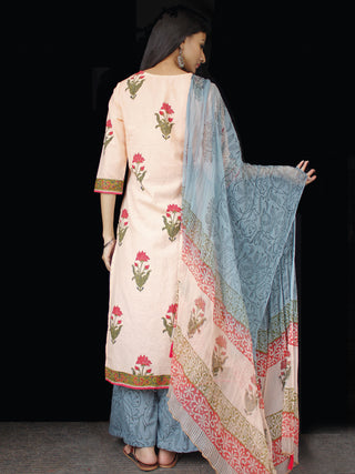 Peach Olive Green Coral Cotton Block Printed Suit - Set of 3 - SS01F012