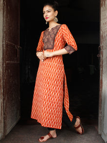 Rust Orange Beige Ikat long Cotton Kurta With Ajrakh Patch Work - K169F910