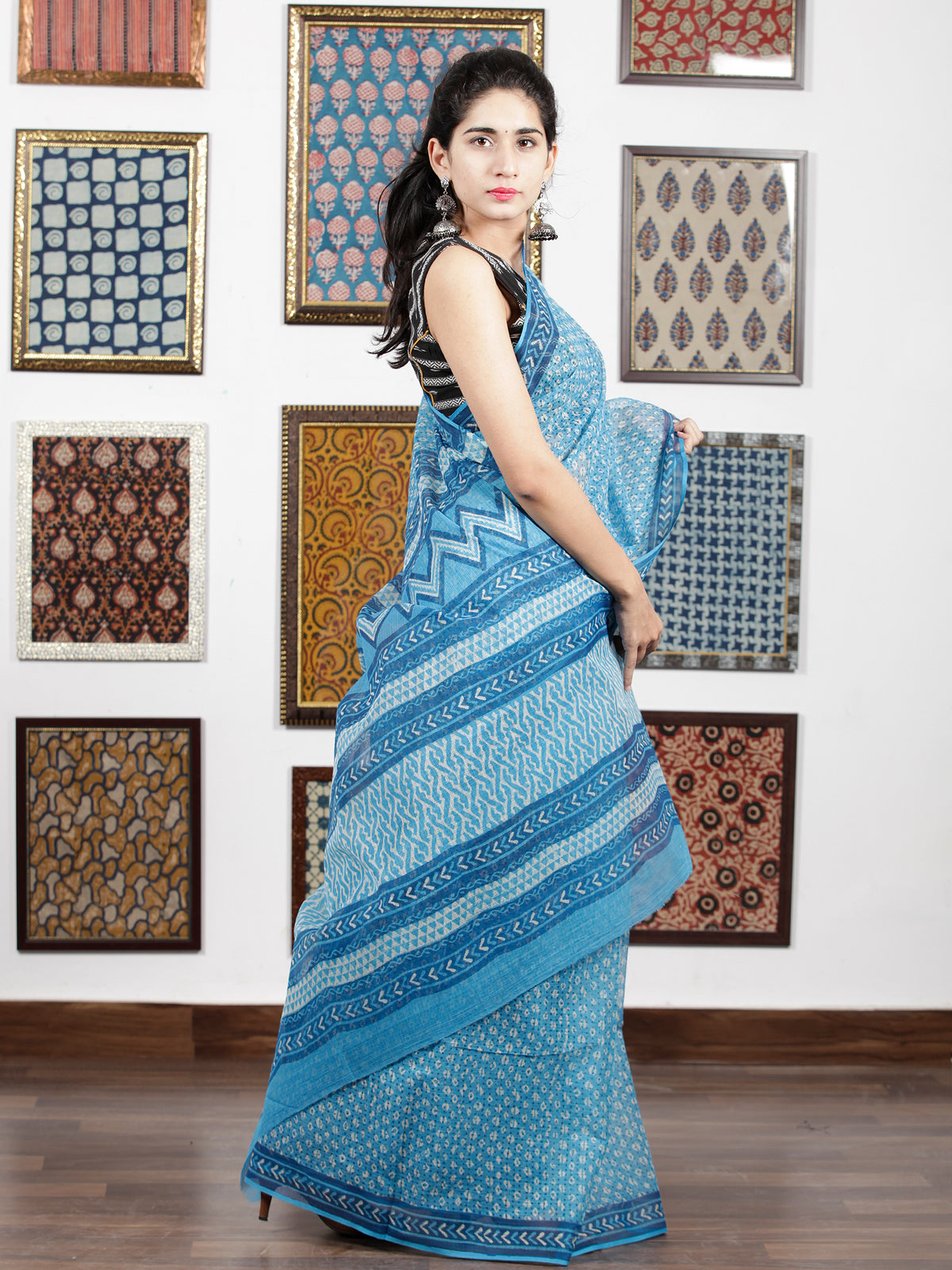 Sky Blue White Hand Block Printed Kota Doria Saree in Natural Colors - S031703093