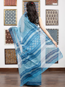 Sky Blue White Hand Block Printed Kota Doria Saree in Natural Colors - S031703093