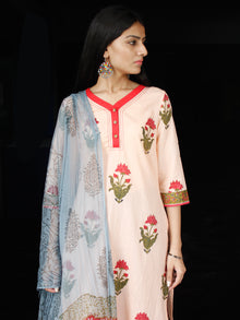 Peach Olive Green Coral Cotton Block Printed Suit - Set of 3 - SS01F012