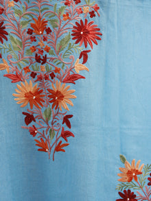 Sky Blue with Red Aari Embroidered Long Kashmere Free Size Kaftan in Crushed Cotton - K11K012