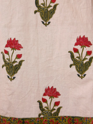 Peach Olive Green Coral Cotton Block Printed Suit - Set of 3 - SS01F012