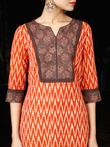 Rust Orange Beige Ikat long Cotton Kurta With Ajrakh Patch Work - K169F910