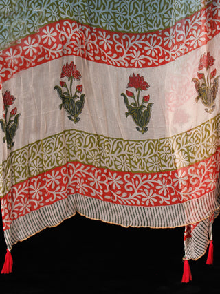 Peach Olive Green Coral Cotton Block Printed Suit - Set of 3 - SS01F012