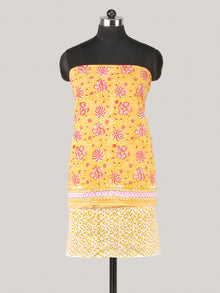 Yellow Pink White Hand Block Printed Cotton Suit-Salwar Fabric With Chiffon Dupatta (Set of 3) - SU01HB434