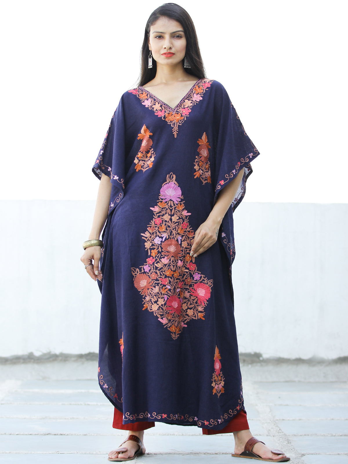 Navy Blue Coral Lilac Aari Embroidered Kashmere Free Size Kaftan in Crushed Cotton - K11K063