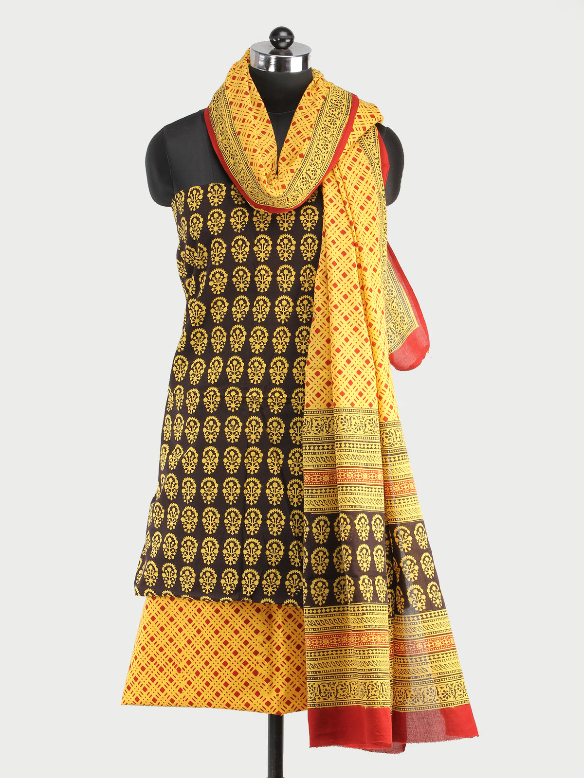 Black Yellow Rust Bagh Hand Block Printed Cotton Suit-Salwar Fabric With Cotton Dupatta (Set of 3) - SU01HB415