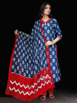 Indigo Red White Cotton Block Printed Suit - Set of 3 - SS01F013