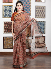 Brick Red Beige Black Hand Block Printed Kota Doria Saree in Natural Colors - S031703094