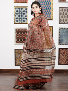 Brick Red Beige Black Hand Block Printed Kota Doria Saree in Natural Colors - S031703094