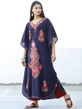 Navy Blue Coral Lilac Aari Embroidered Kashmere Free Size Kaftan in Crushed Cotton - K11K063