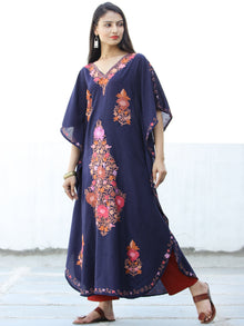 Navy Blue Coral Lilac Aari Embroidered Kashmere Free Size Kaftan in Crushed Cotton - K11K063
