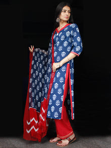 Indigo Red White Cotton Block Printed Suit - Set of 3 - SS01F013