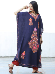 Navy Blue Coral Lilac Aari Embroidered Kashmere Free Size Kaftan in Crushed Cotton - K11K063