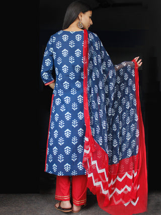 Indigo Red White Cotton Block Printed Suit - Set of 3 - SS01F013