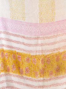 Yellow Pink White Hand Block Printed Cotton Suit-Salwar Fabric With Chiffon Dupatta (Set of 3) - SU01HB434
