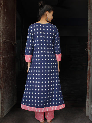 Indigo White Pink Hand Woven Double Ikat Kurta & Pants - Set of 2 - SS01F1225