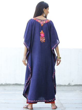 Navy Blue Coral Lilac Aari Embroidered Kashmere Free Size Kaftan in Crushed Cotton - K11K063