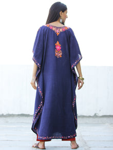 Navy Blue Coral Lilac Aari Embroidered Kashmere Free Size Kaftan in Crushed Cotton - K11K063