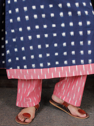 Indigo White Pink Hand Woven Double Ikat Kurta & Pants - Set of 2 - SS01F1225