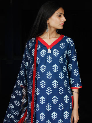 Indigo Red White Cotton Block Printed Suit - Set of 3 - SS01F013