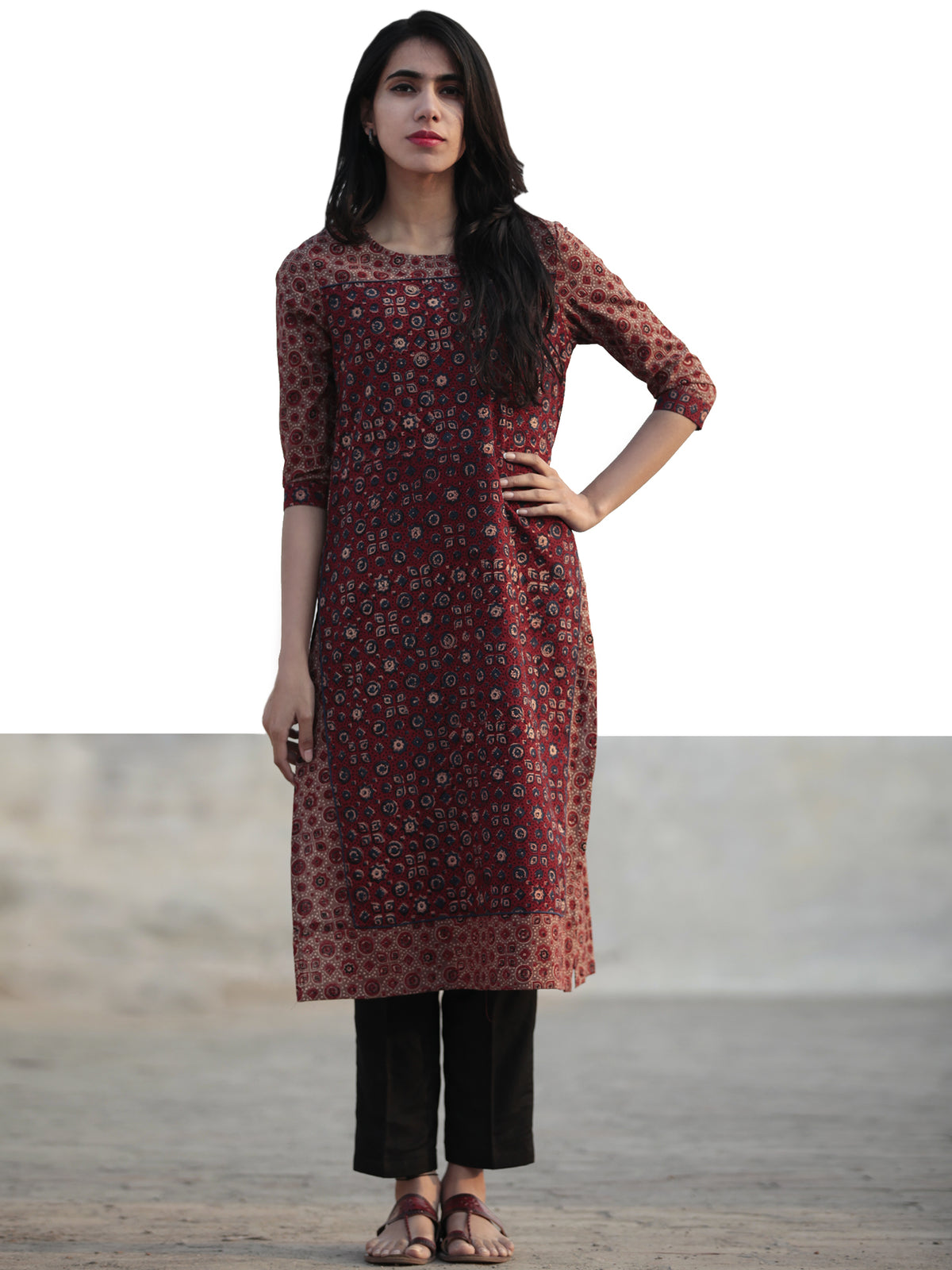Maroon Brown Blue Ajrakh Hand Block Printed Kurta - K30F1208