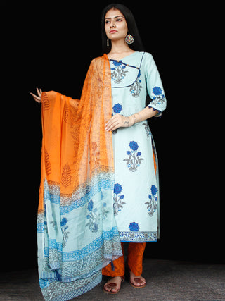 Sky Blue Coral Cotton Block Printed Suit With Kantha Work - Set of 3 - SS01F014