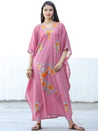 Coral Pink Sky Blue Aari Embroidered Kashmere Free Size Kaftan in Crushed Cotton - K11K064