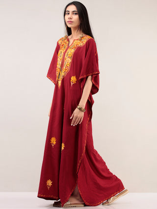 Maroon Yellow Aari Embroidered Kashmere Free Size Kaftan  - K12K034