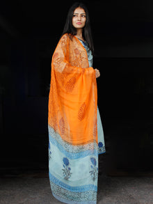 Sky Blue Coral Cotton Block Printed Suit With Kantha Work - Set of 3 - SS01F014