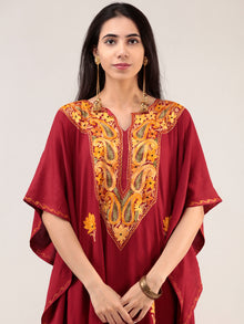 Maroon Yellow Aari Embroidered Kashmere Free Size Kaftan  - K12K034