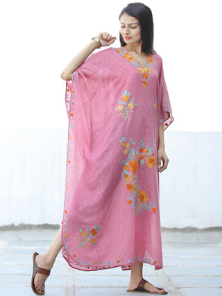 Coral Pink Sky Blue Aari Embroidered Kashmere Free Size Kaftan in Crushed Cotton - K11K064