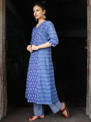 Blue Grey Silk Cotton Ikat Kurta & Pants (Set of 2)- SS01F1413