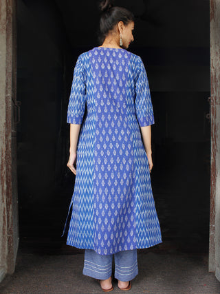 Blue Grey Silk Cotton Ikat Kurta & Pants (Set of 2)- SS01F1413