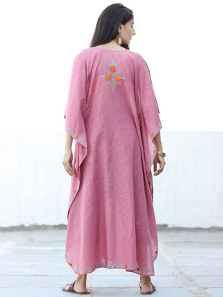 Coral Pink Sky Blue Aari Embroidered Kashmere Free Size Kaftan in Crushed Cotton - K11K064