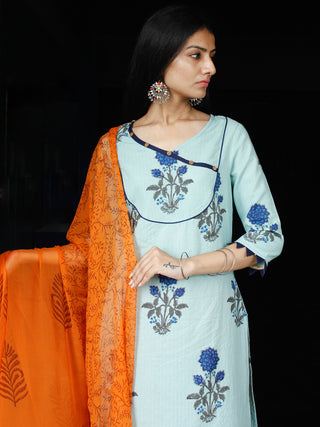 Sky Blue Coral Cotton Block Printed Suit With Kantha Work - Set of 3 - SS01F014