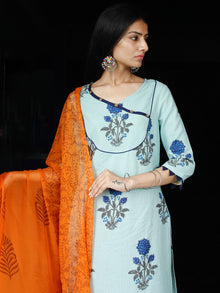 Sky Blue Coral Cotton Block Printed Suit With Kantha Work - Set of 3 - SS01F014