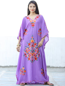 Lilac Red Yellow Aari Embroidered Kashmere Free Size Kaftan in Crushed Cotton - K11K065