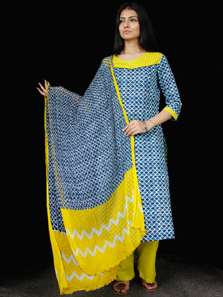 Indigo Yellow White Cotton Block Printed Suit - Set of 3 - SS01F015