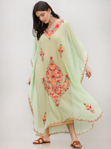 Light Green Multicolor Aari Embroidered Kashmere Free Size Georgette Kaftan  - K12K011